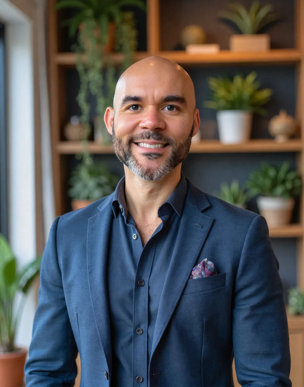 AI-generated portrait of Matthew-Sean Alexander in a navy blazer, with plants and books behind him.