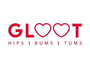Logo for GLOOT featuring the brand name with two heart shapes replacing the letter 'O's' and the tagline 'HIPS | BUMS | TUMS' underneath.
