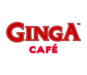 Ginga Café logo with red and pink text on a black background.