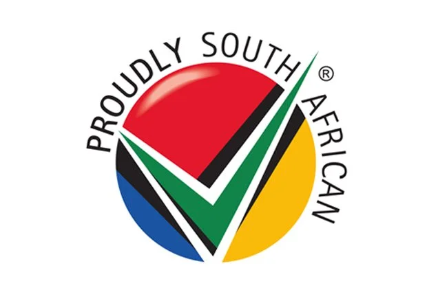 Logo with a circle divided into blue, red, black, and yellow sections, featuring a green checkmark, and the words 'Proudly South African' around the circle.