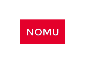 Red square with the white text 'NOMU' on a black background.