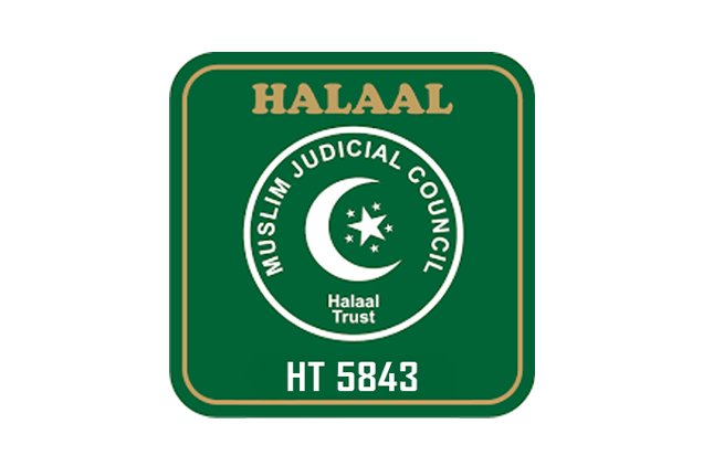 Green certification label with the word "HALAAL" at the top, the Muslim Judicial Council logo in the center, and the code "HT 5843" at the bottom.