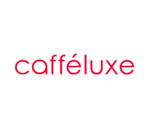 Cafféluxe logo with a black coffee cup icon above the text on a white background.