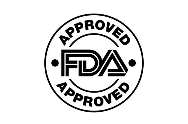 A black and white circular logo with the words "Approved" at the top and bottom, and the FDA logo in the center.