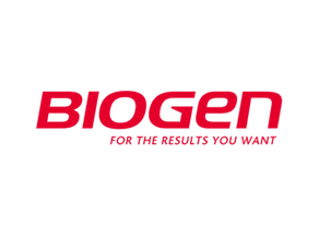 Biogen logo in pink with tagline 'For the molecules you want' in red.