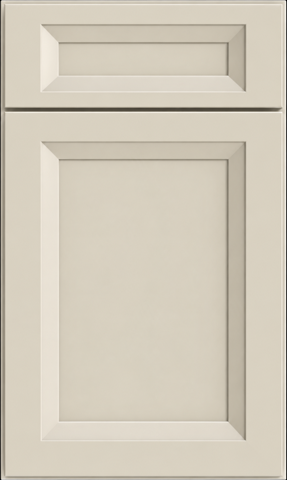 A beige kitchen cabinet door with a rectangular panel design.