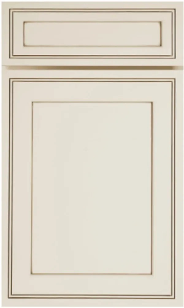A cream-colored cabinet door with decorative molding and trim.