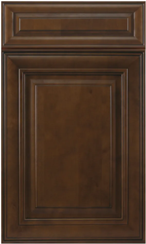 A close-up view of a wooden kitchen cabinet door with a dark brown finish and raised panel design.