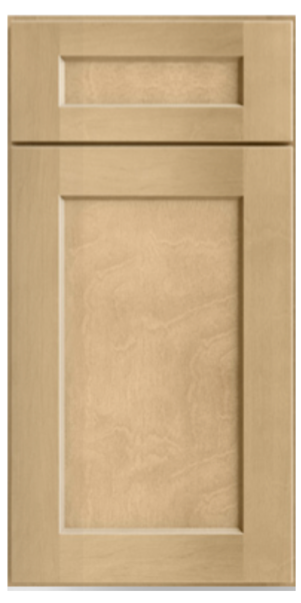 Light-colored wooden cabinet door with a rectangular inset panel and a smaller top drawer with a similar inset design.