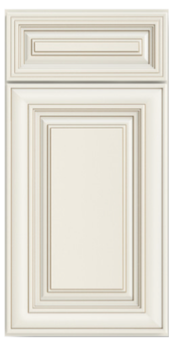 A white cabinet door with decorative molding and raised panel design.