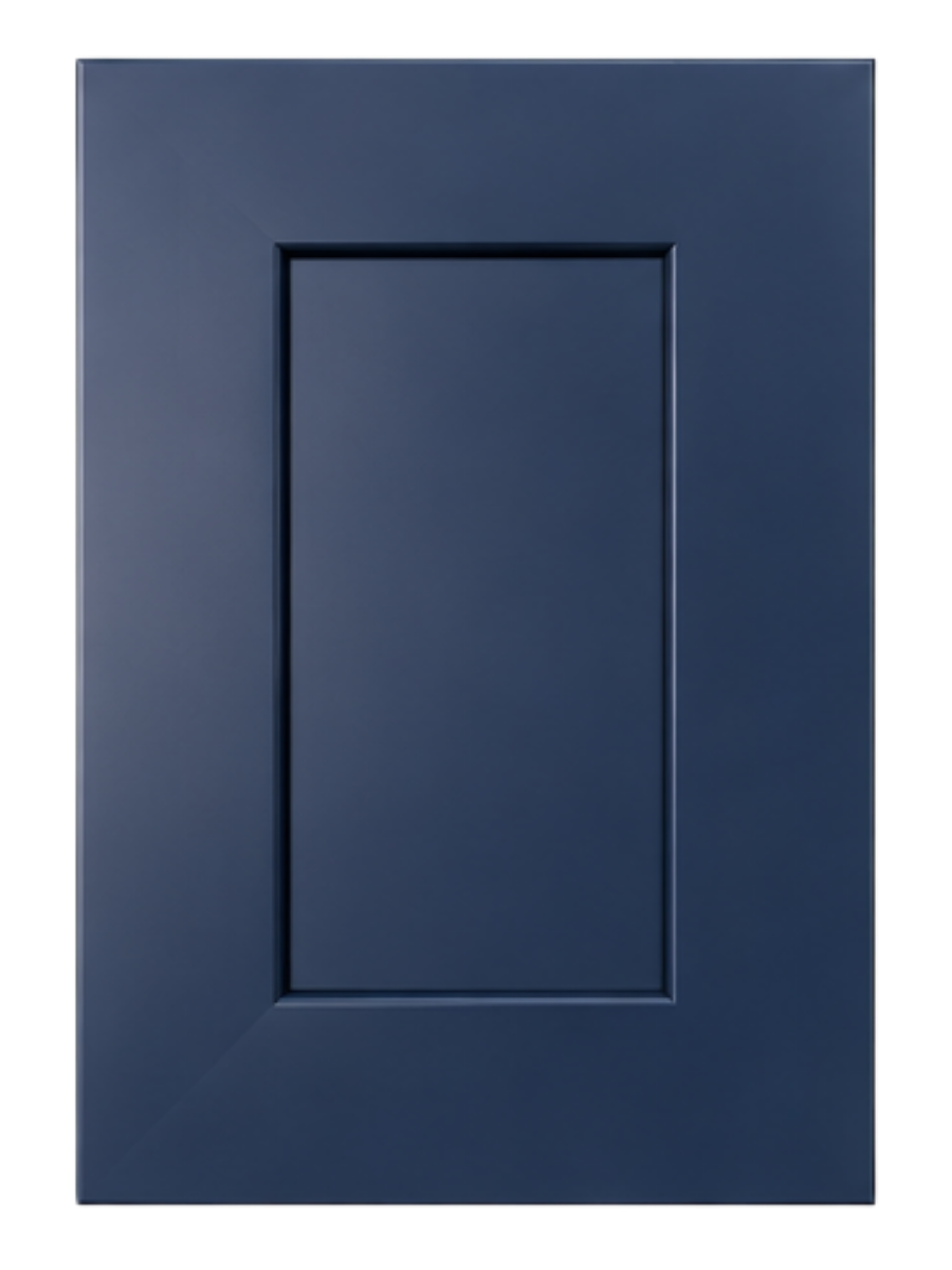 Blue kitchen cabinet door with a raised panel design.