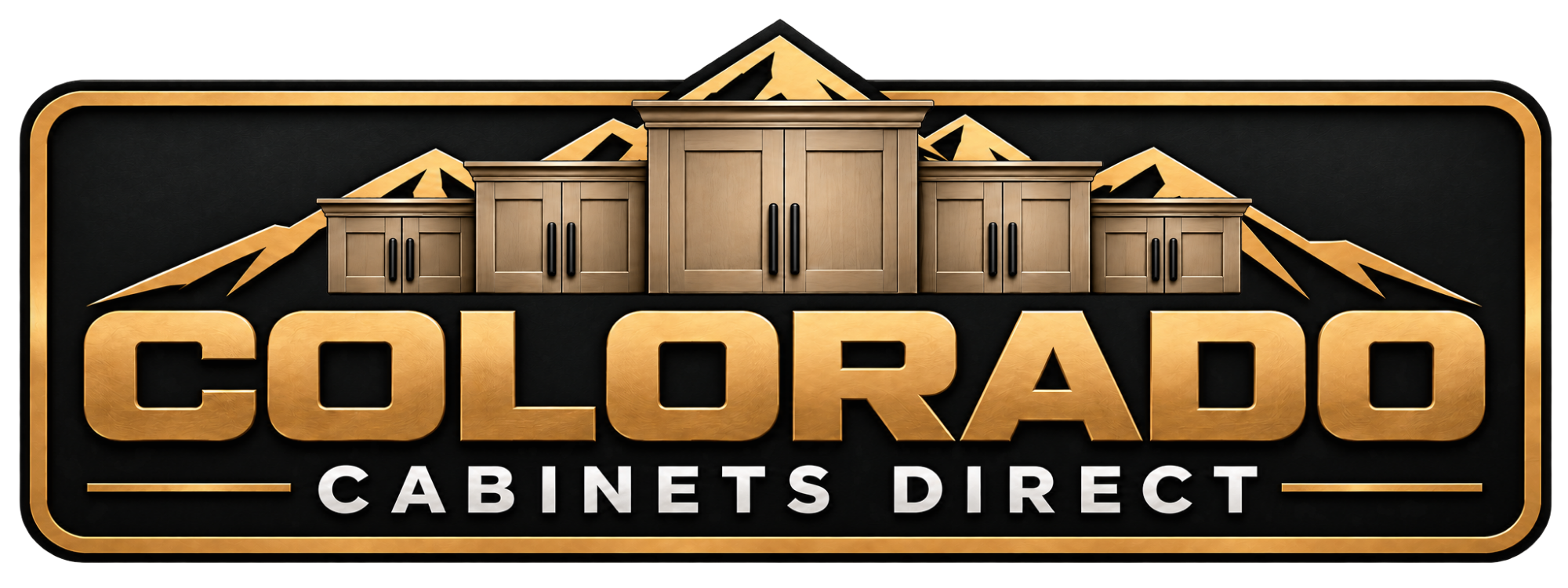 Logo for Colorado Cabinets Direct featuring a mountain background, wooden cabinet images, and gold and black text that reads Colorado Cabinets Direct.