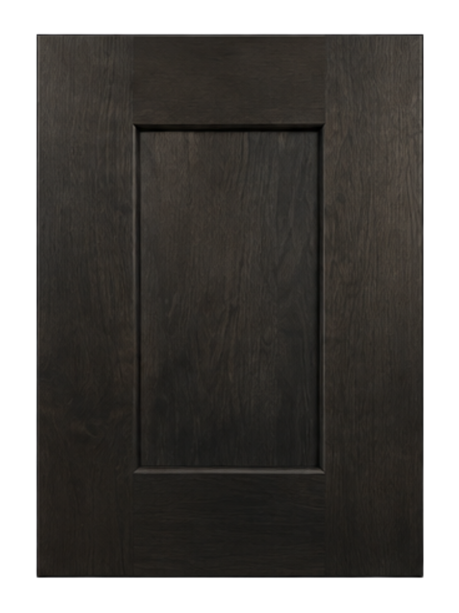 Close-up of a dark wood cabinet door with a recessed panel design.