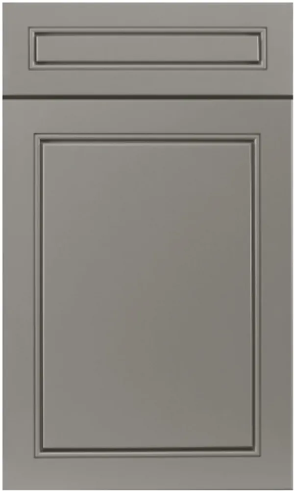 Gray cabinet door with a rectangular handle at the top and detailed trim around the edges.