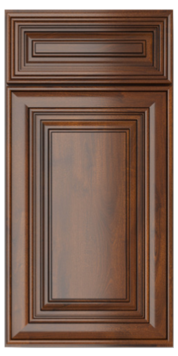 A close-up of a wooden kitchen cabinet door with intricate molding and a polished finish.