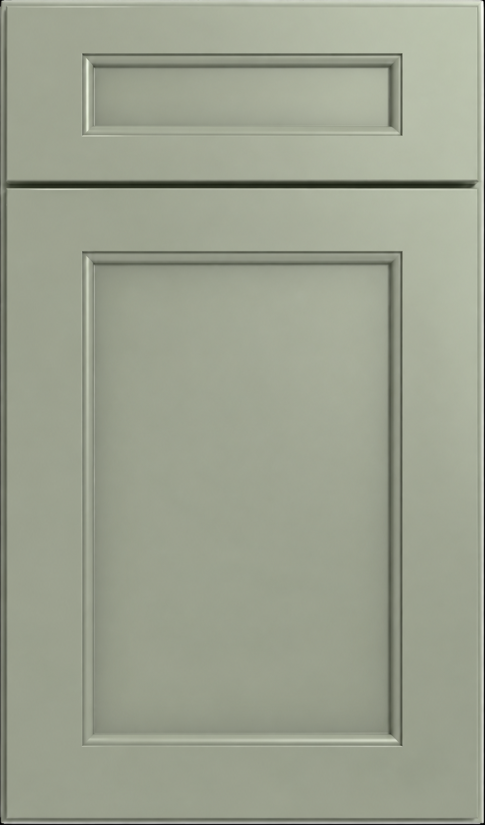 Light green kitchen cabinet with two drawers, one larger on the bottom and a smaller one on top.