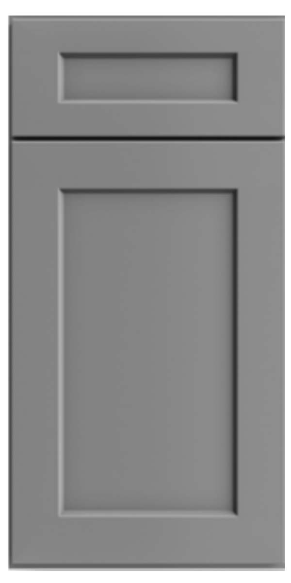 Gray kitchen cabinet door with a rectangular recessed panel and a smaller rectangular slot at the top.