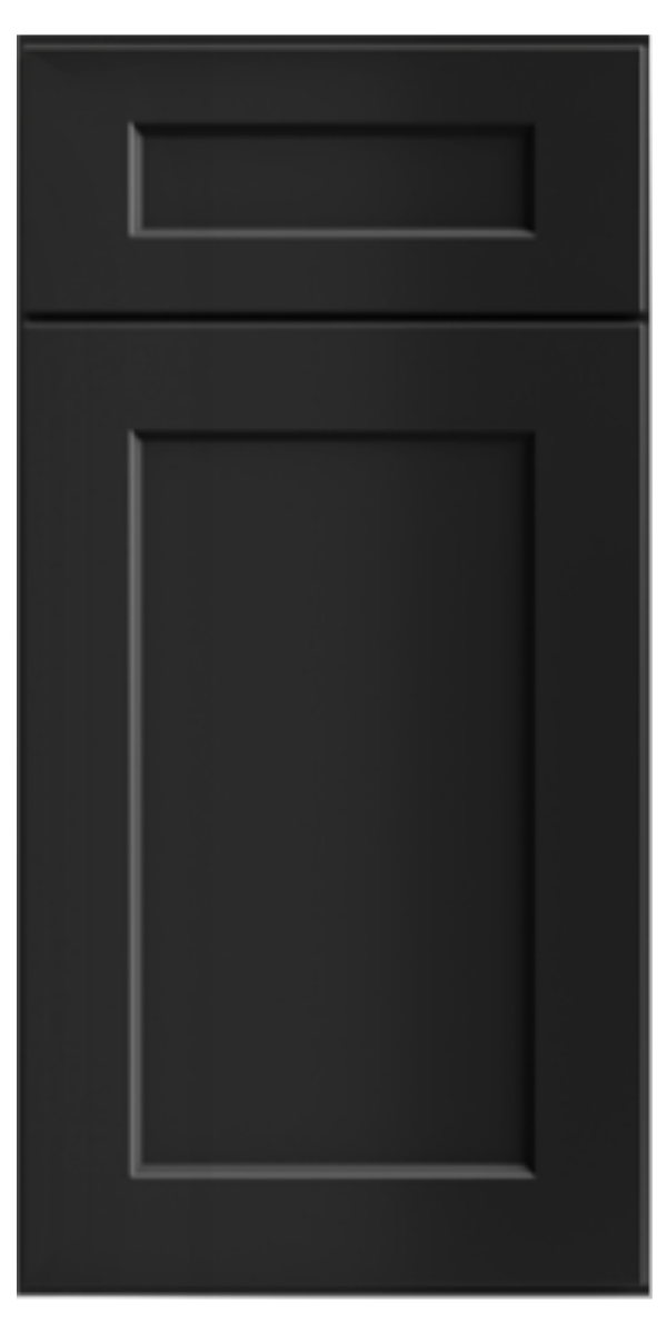 A black cabinet door with a raised rectangular panel and a smaller top drawer