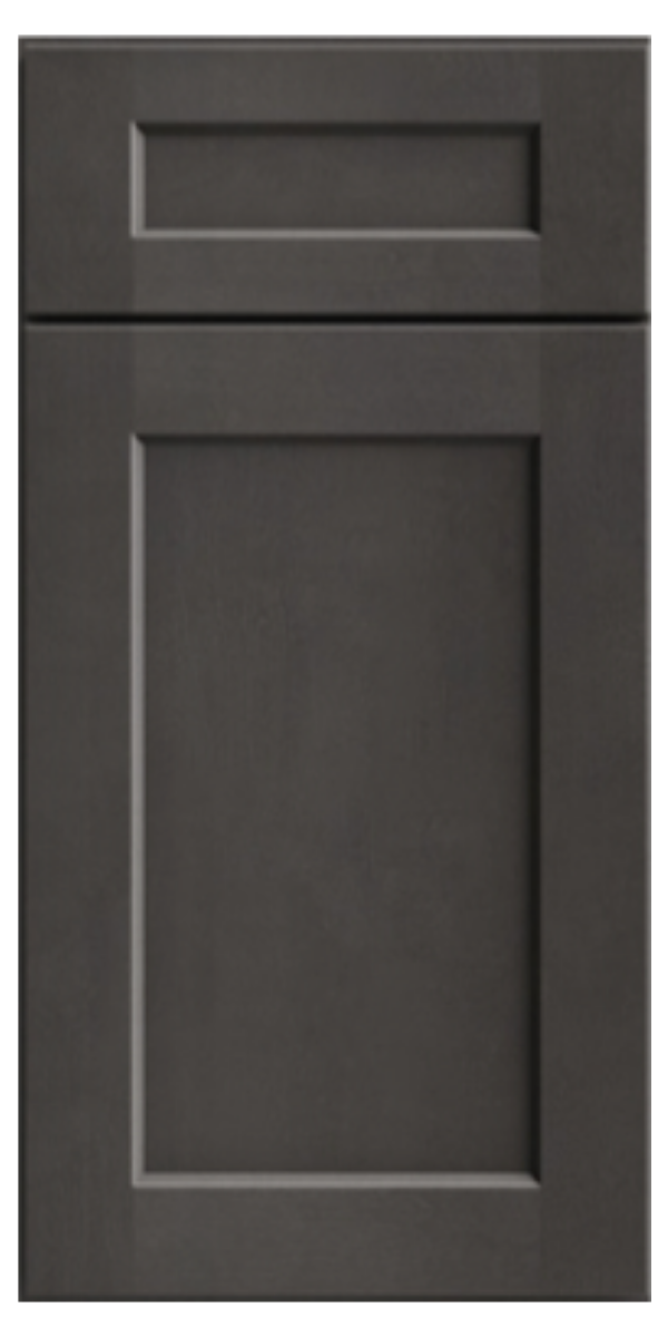 A dark gray kitchen cabinet door with a recessed rectangular panel and a small drawer at the top.