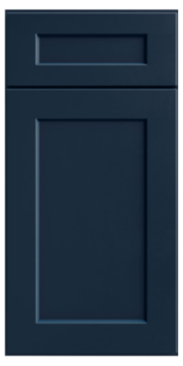 Dark blue kitchen cabinet with a drawer at the top and a larger door below.