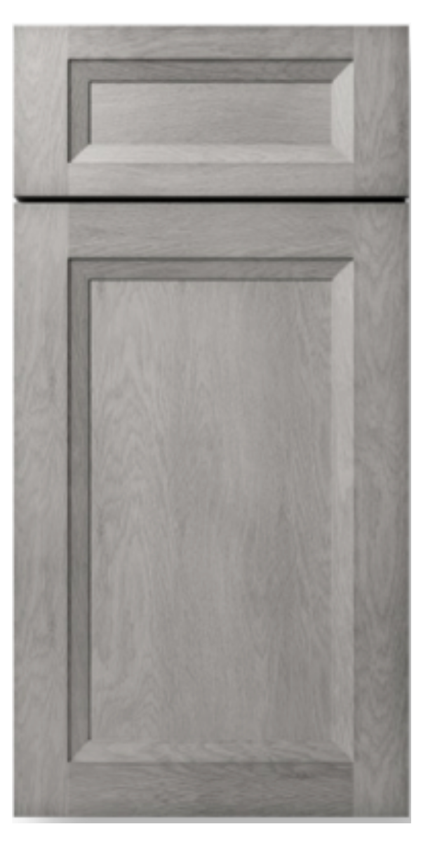 Gray wooden cabinet door with a raised panel design