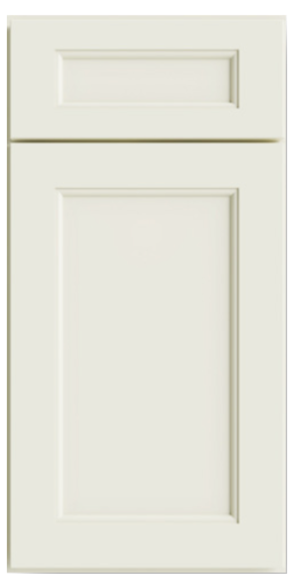 Cream-colored cabinet door with decorative molding and a rectangular inset panel.
