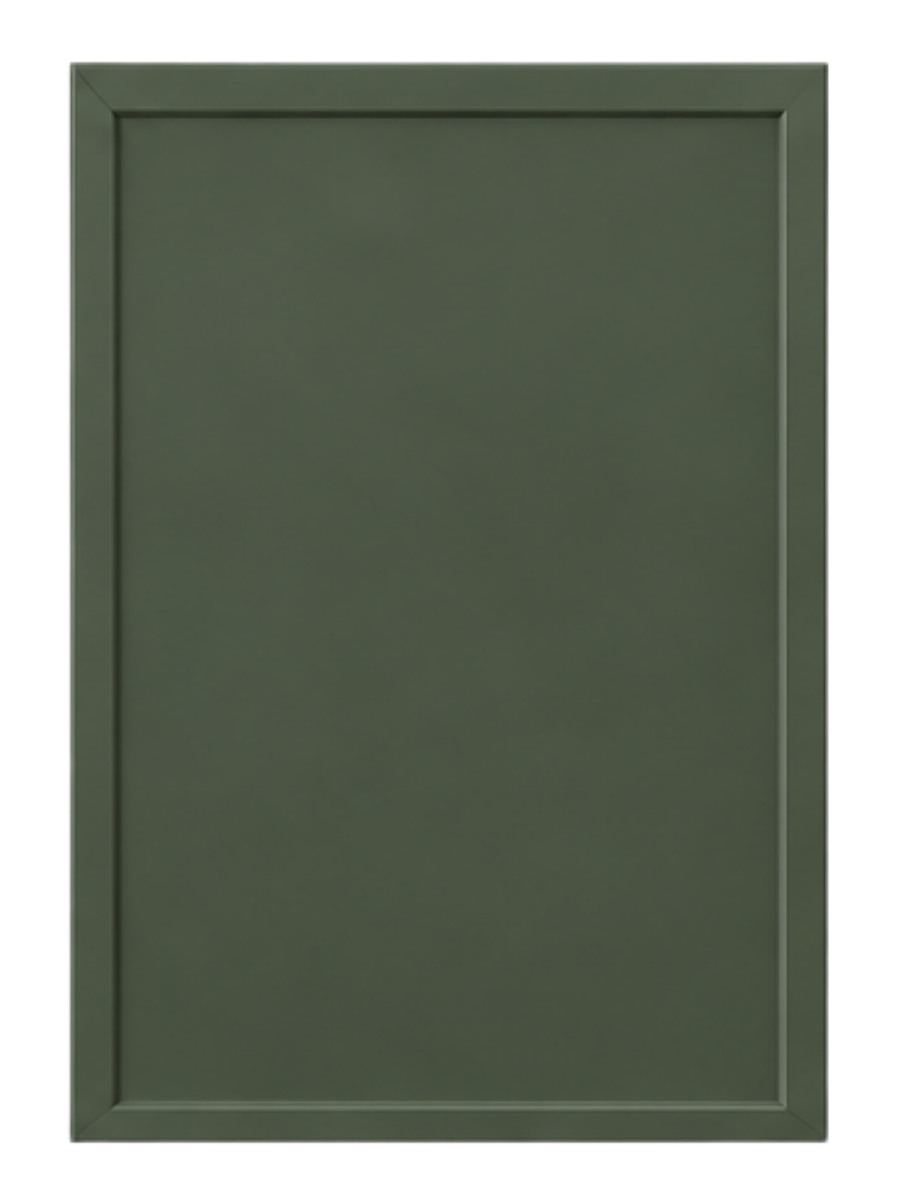 A plain, flat, green cabinet door with a simple frame.