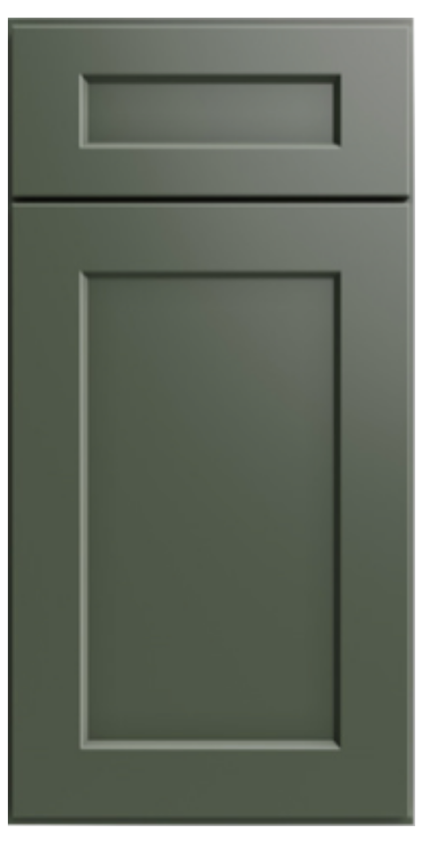 Green kitchen cabinet door with a drawer at the top and a larger door below.