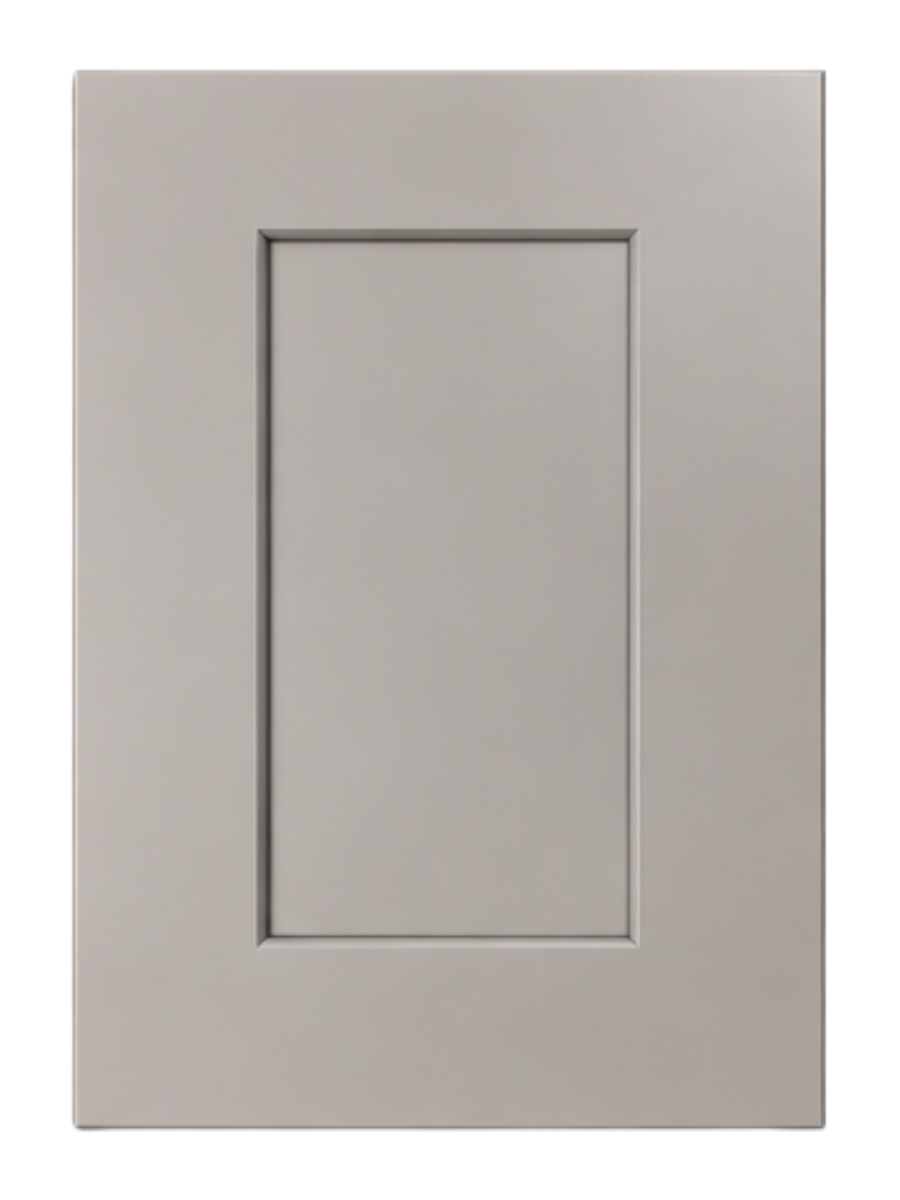 Gray kitchen cabinet door with a raised panel design.