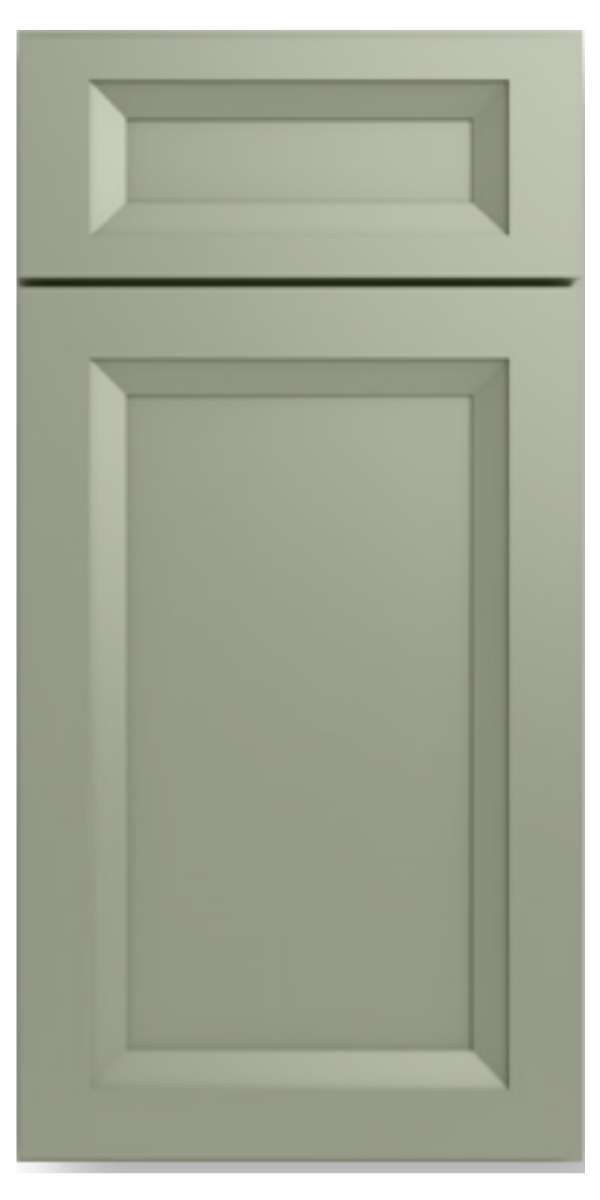 Close-up of a light green cabinet door with a raised rectangular panel design.