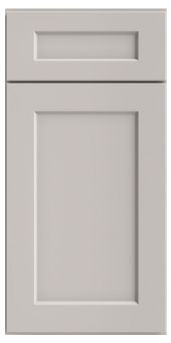 A close-up of a white kitchen cabinet door with a rectangular raised panel design.
