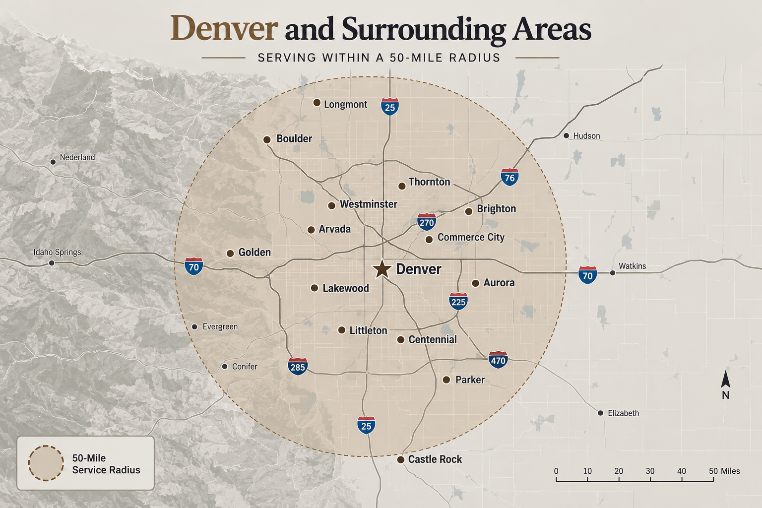 Map of Denver and surrounding areas showing a 50-mile service radius including cities like Boulder, Longmont, Westminster, Lakewood, Golden, Arvada, Centennial, Littleton, Parker, Castle Rock, Aurora, Commerce City, and others.