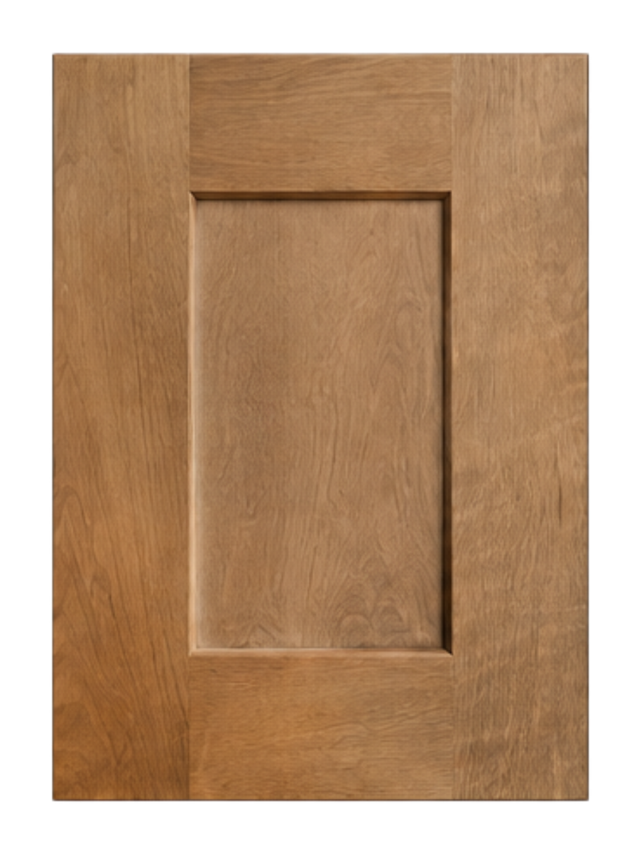 A wooden cabinet door with a raised rectangular panel in the center.