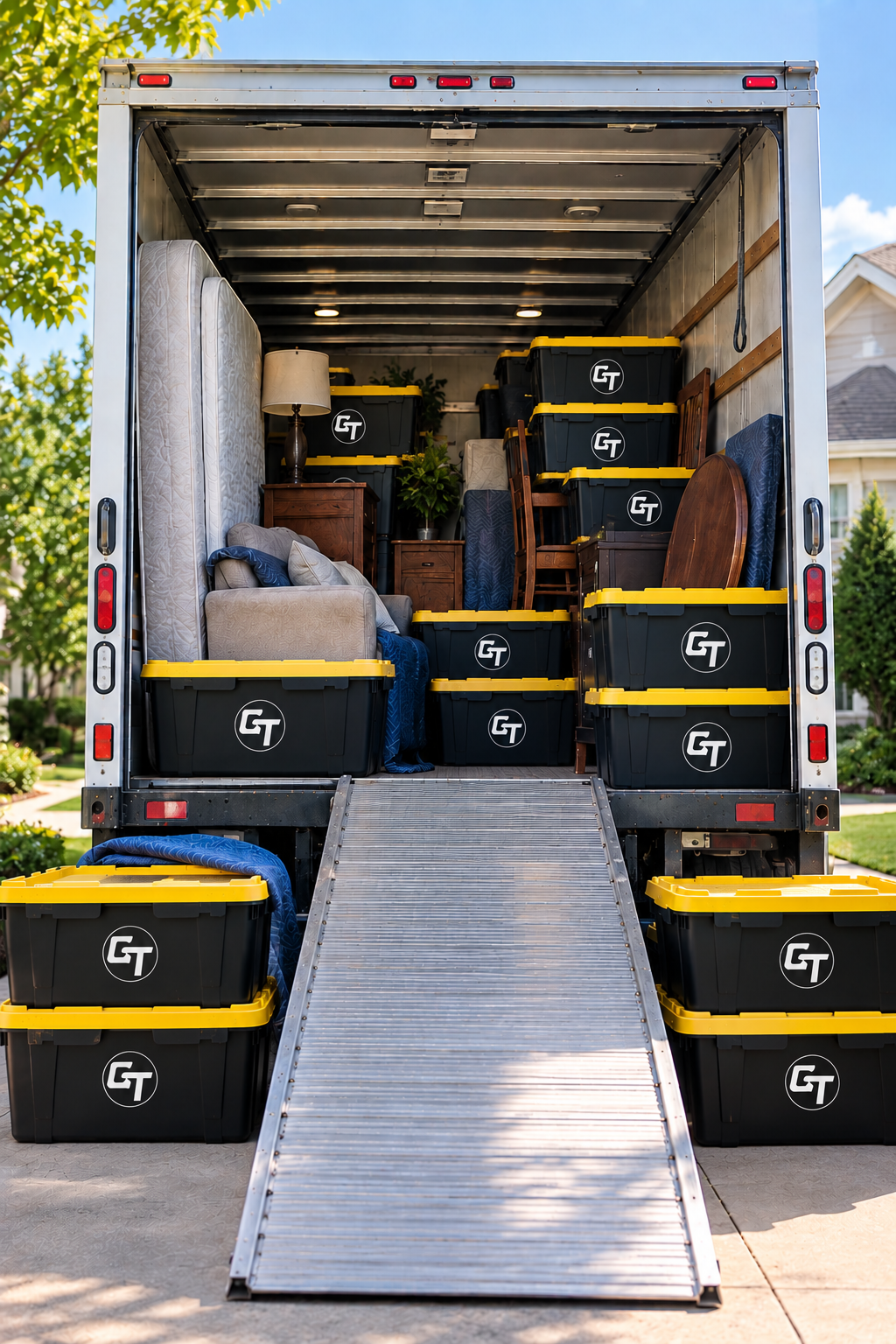 The back of a moving truck filled with packed boxes and furniture, with a ramp leading into the truck