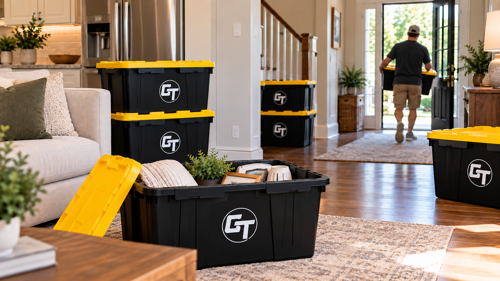 Move-in day at a home with black and yellow storage bins labeled GT, placed on the hardwood floor, and a person walking out the front door carrying more bins.