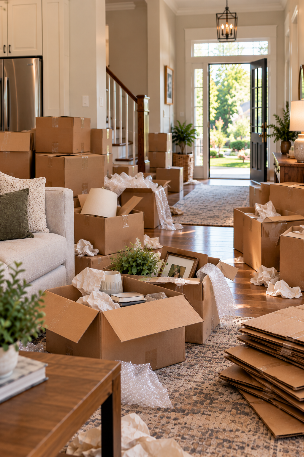 A living room filled with moving boxes, packaging materials, and crumpled paper, with an open front door revealing a sunny garden outside.