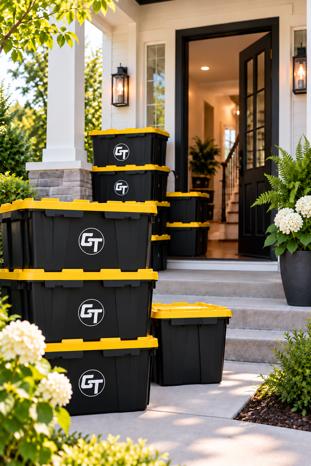 Several black storage tubs with yellow lids stacked on the front porch of a house, next to a potted plant with white flowers, with a black door open to reveal an interior hallway with a staircase, plants, and warm lighting.