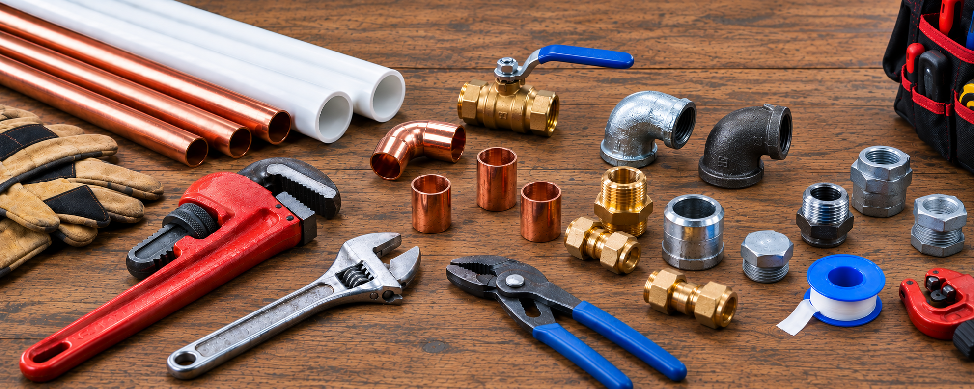 Various plumbing tools and parts on a wooden work surface, including pipes, fittings, wrenches, pliers, gloves, and a tool bag.