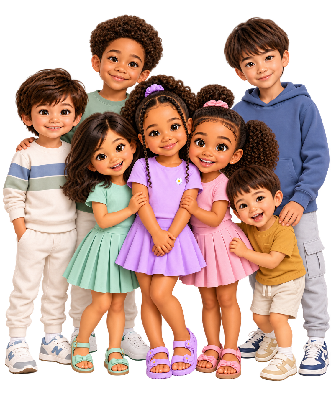 Amaya stands smiling with six friends dressed in colorful everyday clothes.