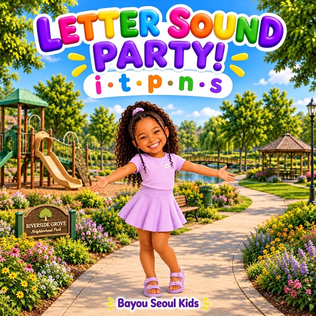 Cover art for “Letter Sound Party!” showing Amaya on a colorful park path with the letters i, t, p, n, and s.