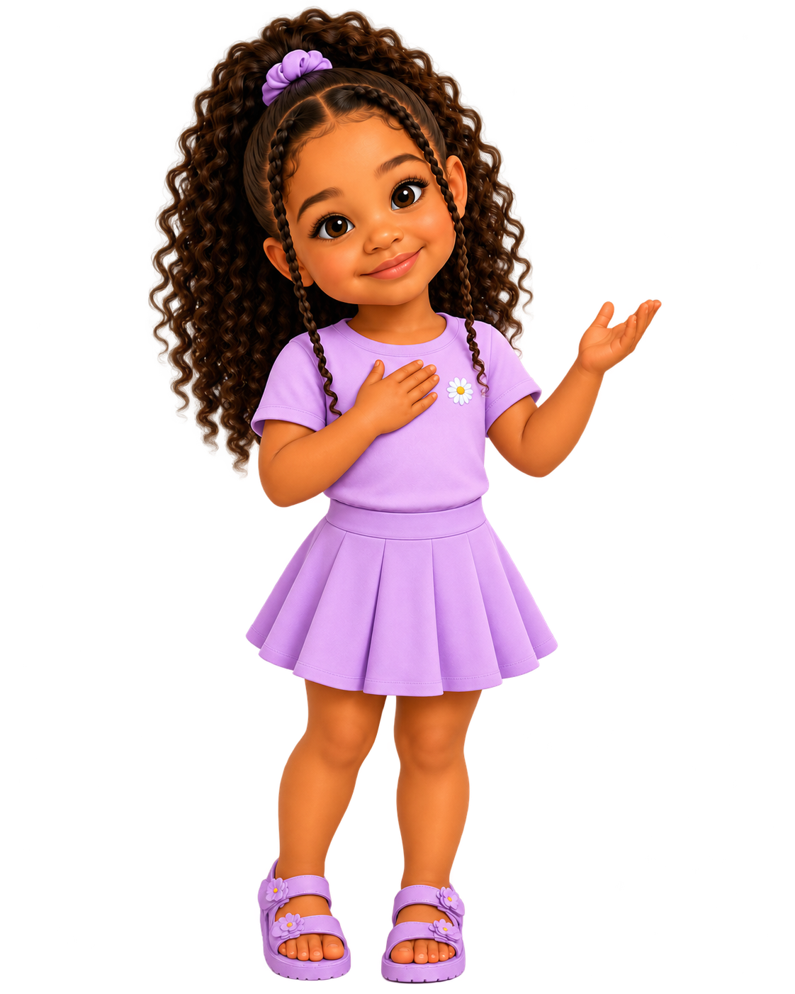 A young girl with big curly hair wearing a lavender dress with a daisy on it, purple sandals with flowers, and a purple scrunchie on her hair. She is smiling with one hand over her heart and the other raised.