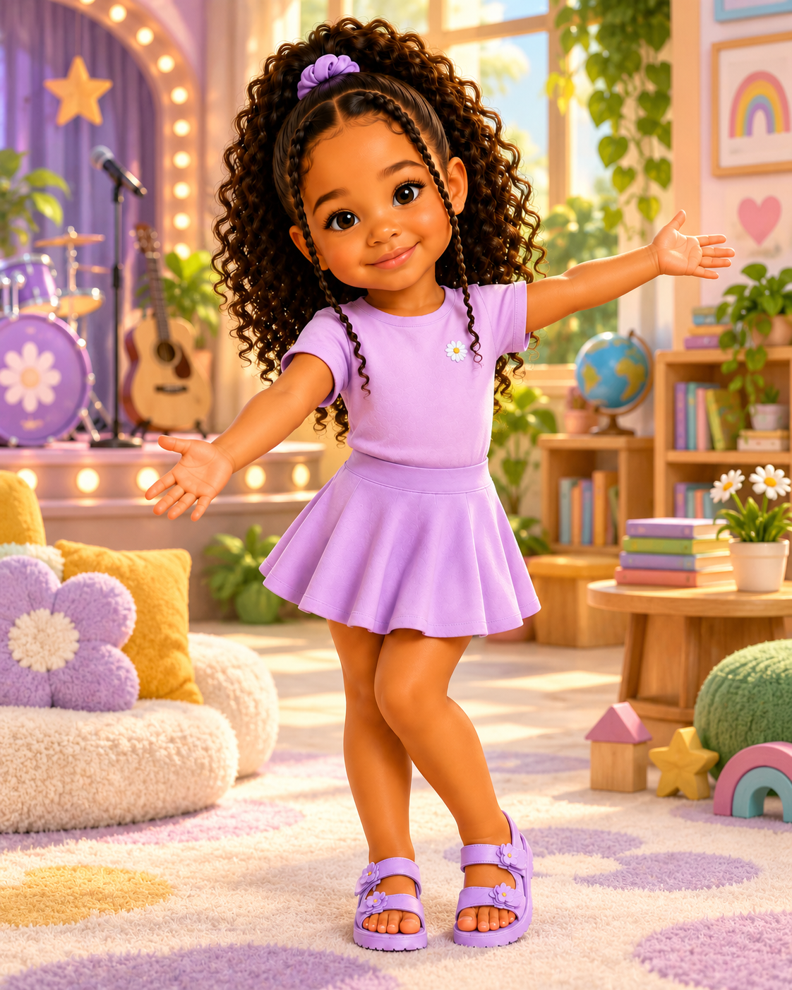 Amaya stands with her arms open in a colorful room filled with books and musical instruments.