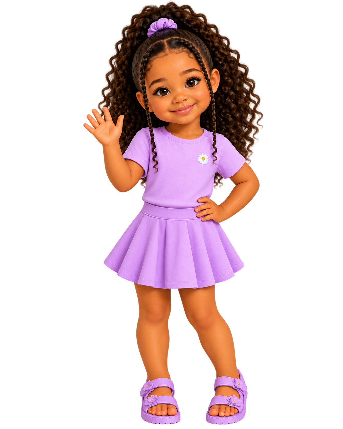 Amaya smiles and waves while wearing her lavender outfit and sandals.
