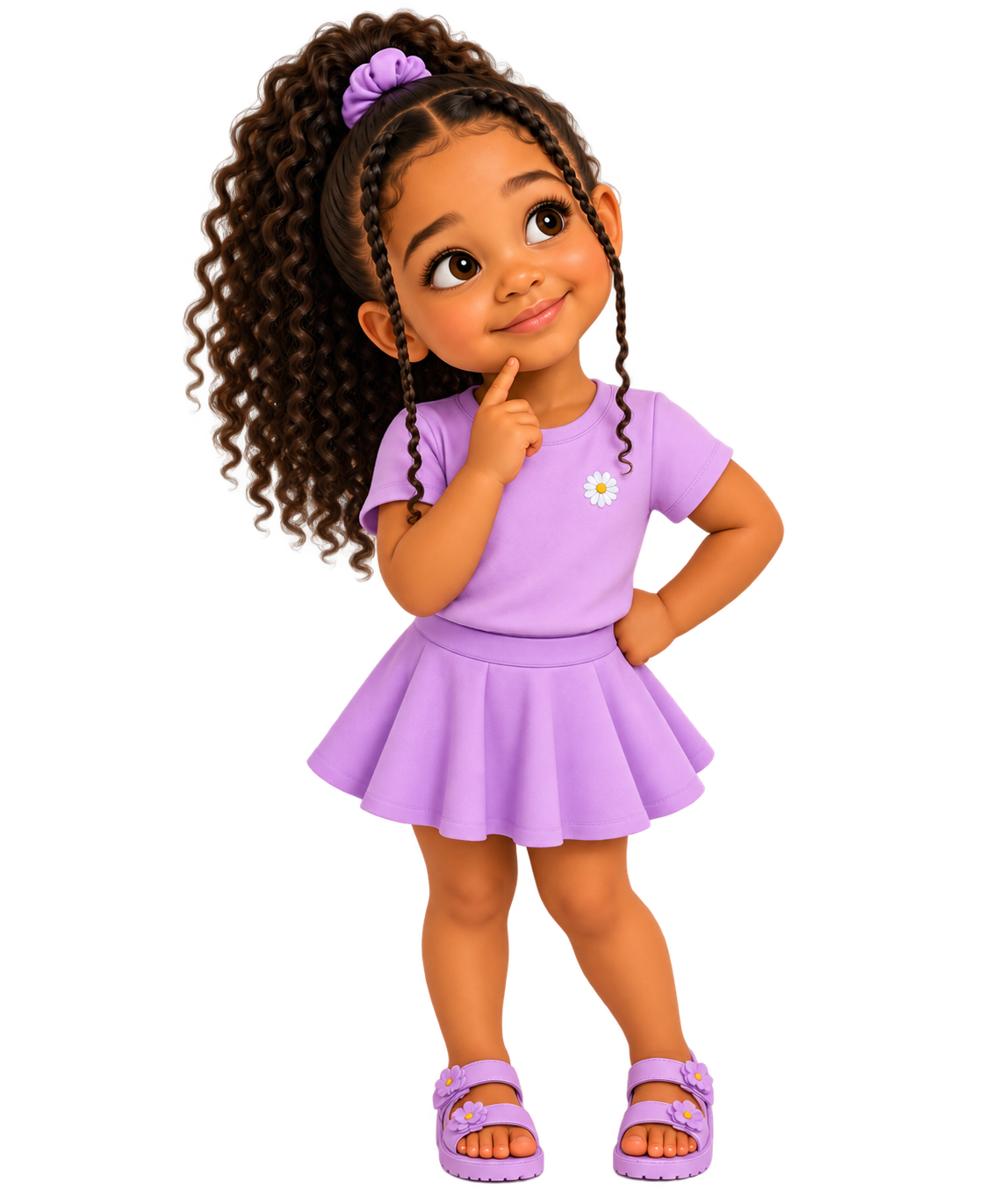 Amaya looks upward thoughtfully with one hand on her chin and the other on her hip.