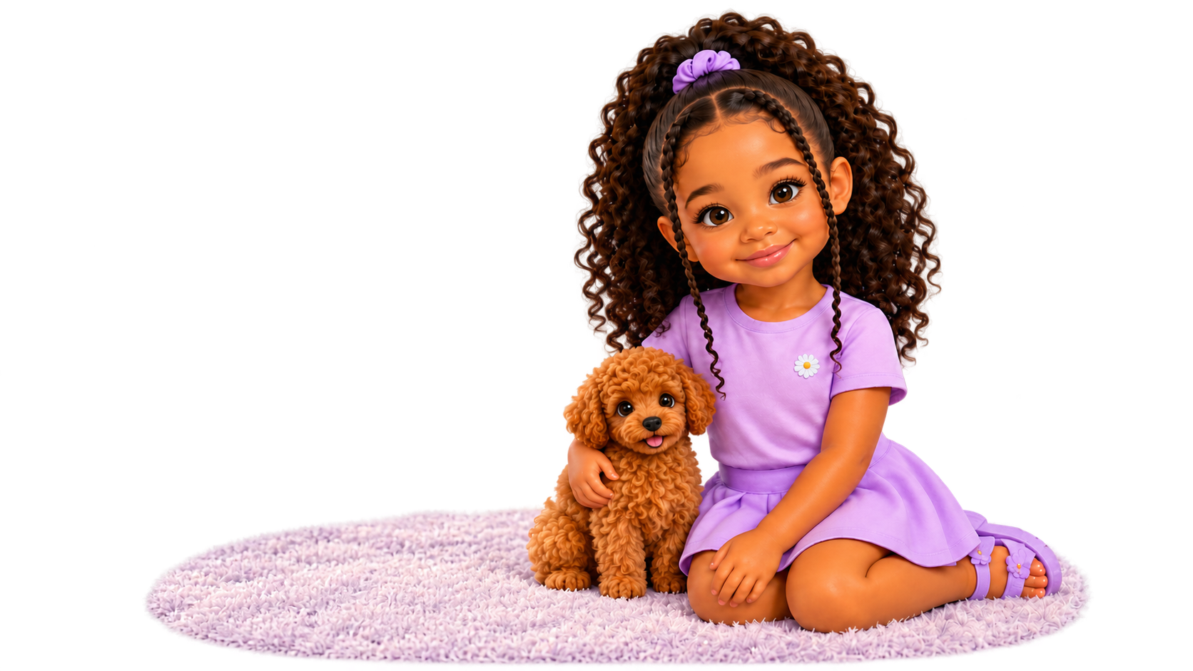 Amaya sits on a lavender rug holding a small brown puppy in her lap.