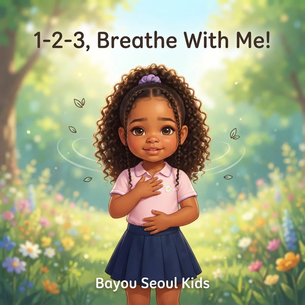 Cover art for “1-2-3, Breathe With Me!” showing Amaya practicing a slow breath in a sunny field of flowers.