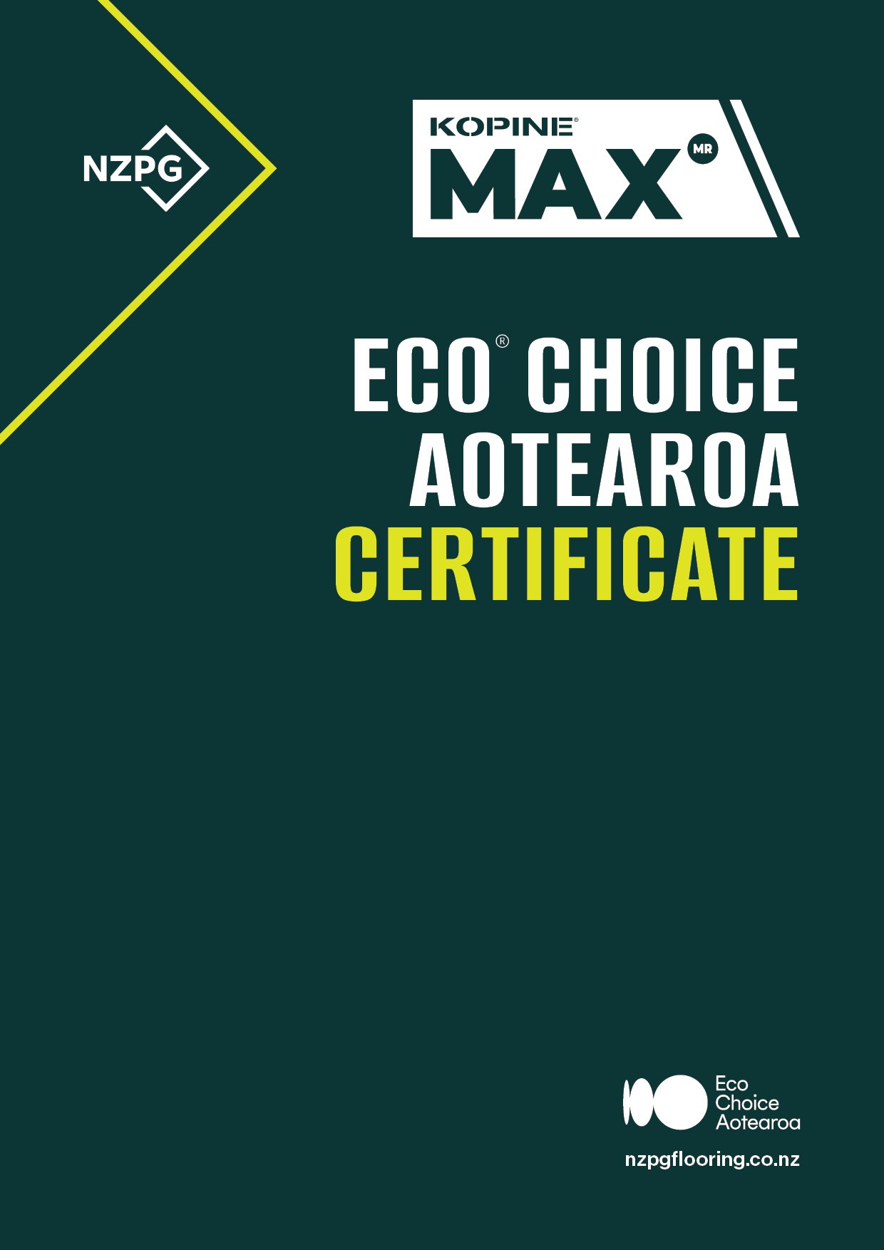 A certification document for Eco Choice Aotearoa by NZ Portland Flooring, featuring the logo and website nzpaflooring.co.nz.