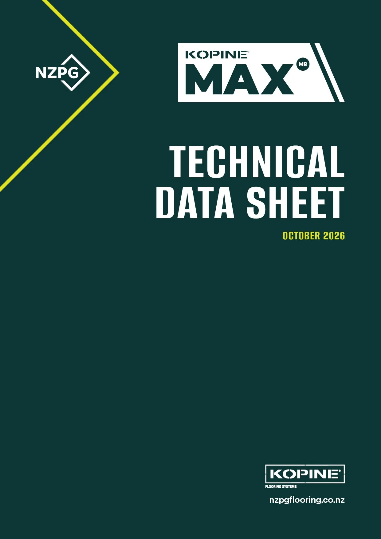 Technical data sheet for Kopine Max flooring system by NZPG, dated October 2026, with logos and website URL nzpflooring.co.nz.