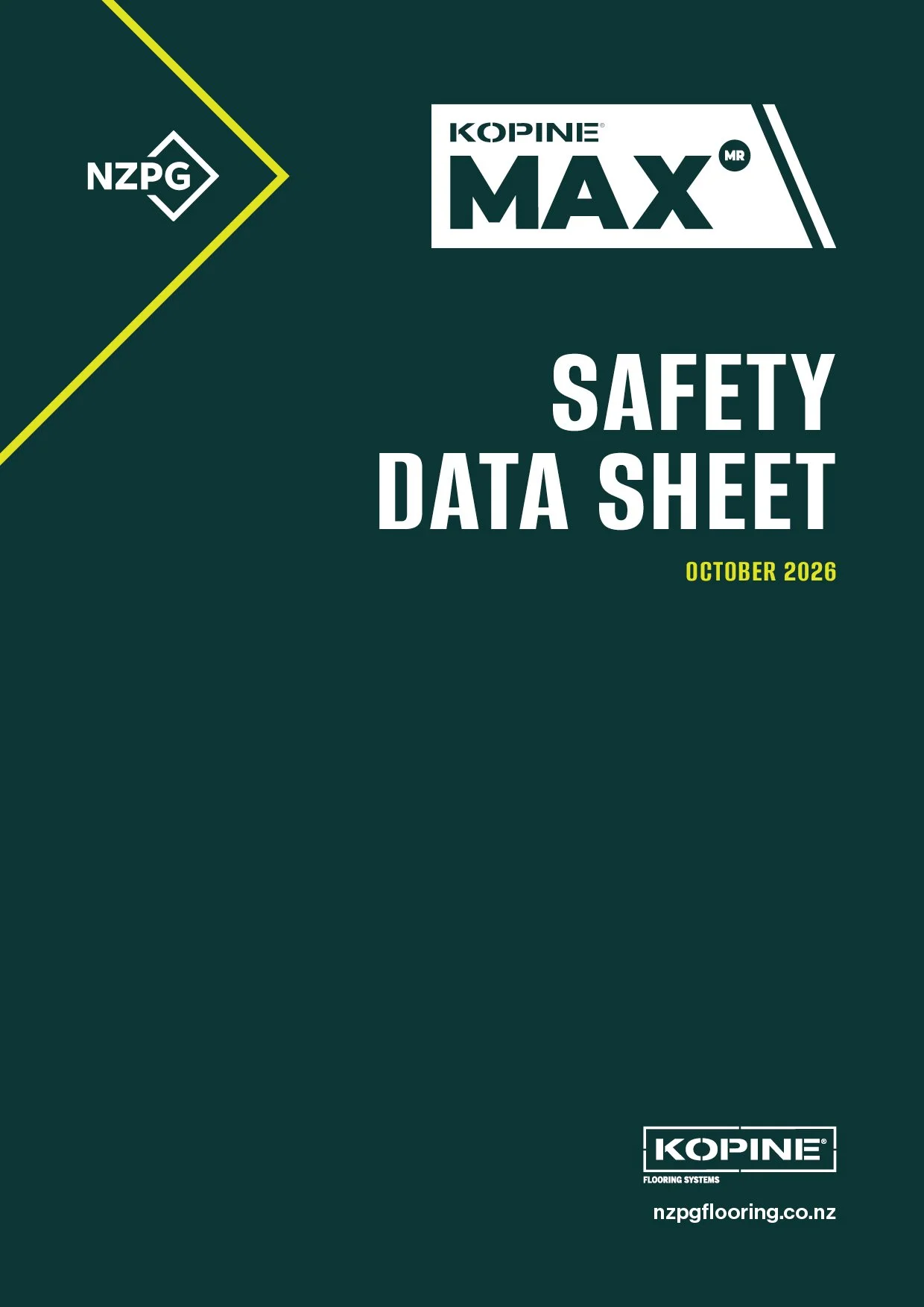 A safety data sheet for Kopine Max flooring system, dated October 2026, with NZPG and Kopine logos and website nzp flooring co.nz
