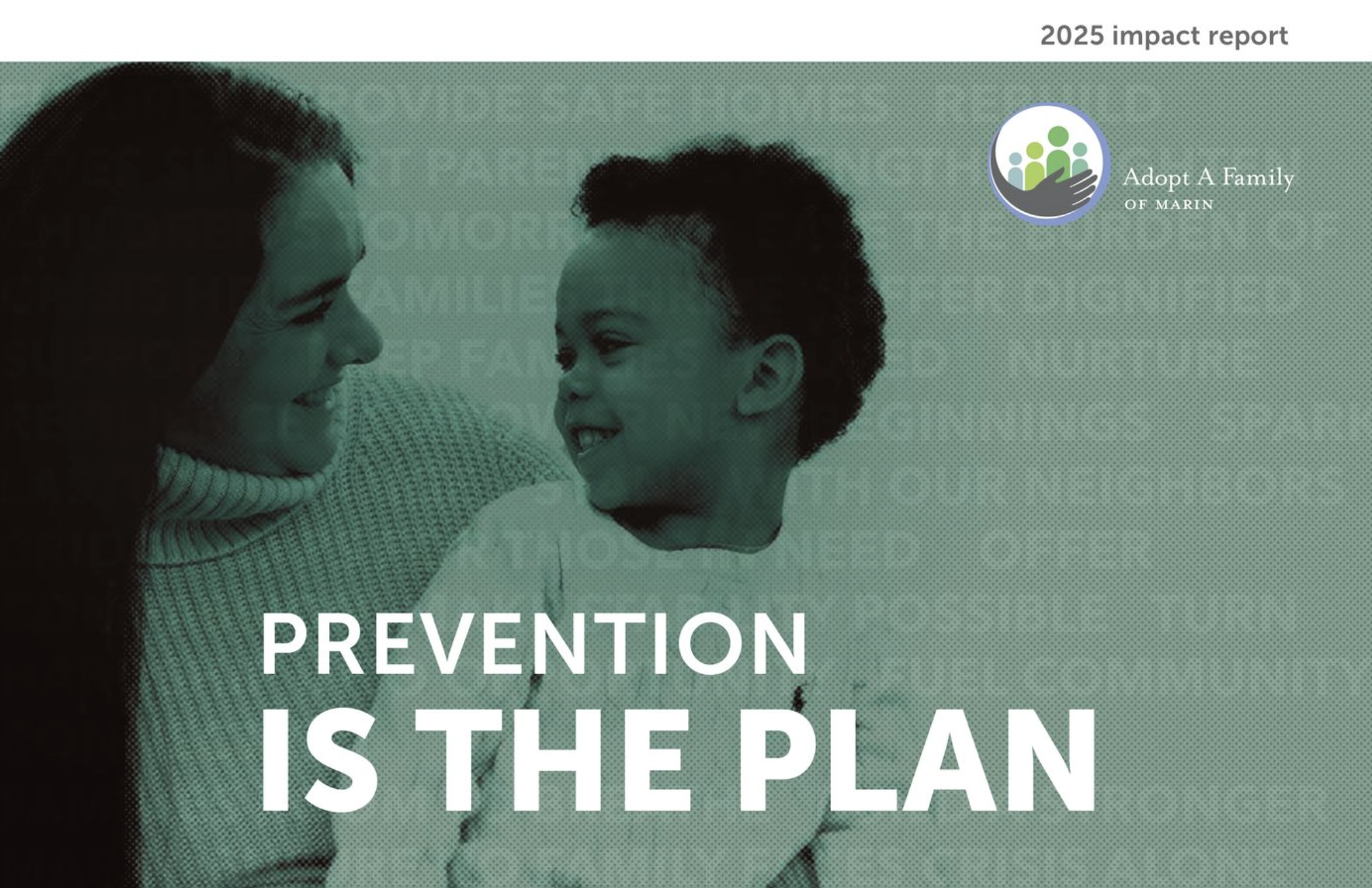 Two people, an adult and a child, laughing and looking at each other. The image appears to be part of a health or prevention report titled '2025 Impact Report' with a logo of people and a hand. The background is green and the focus is on their joyful interaction.